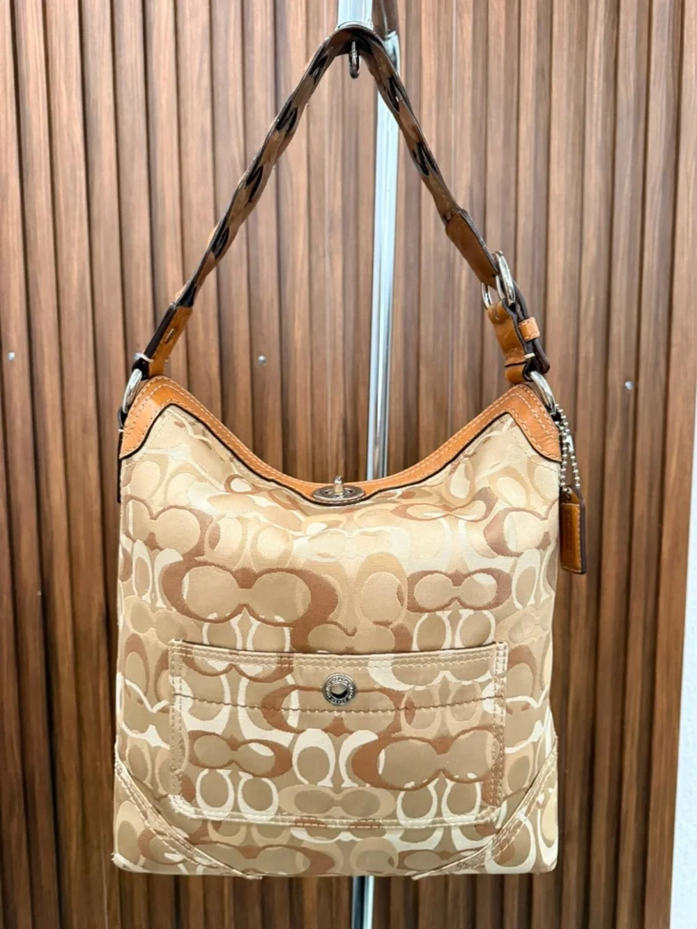 Vintage Coach Chelsea Optic Signature Tan Brown Canvas Leather Hobo Bag #10991